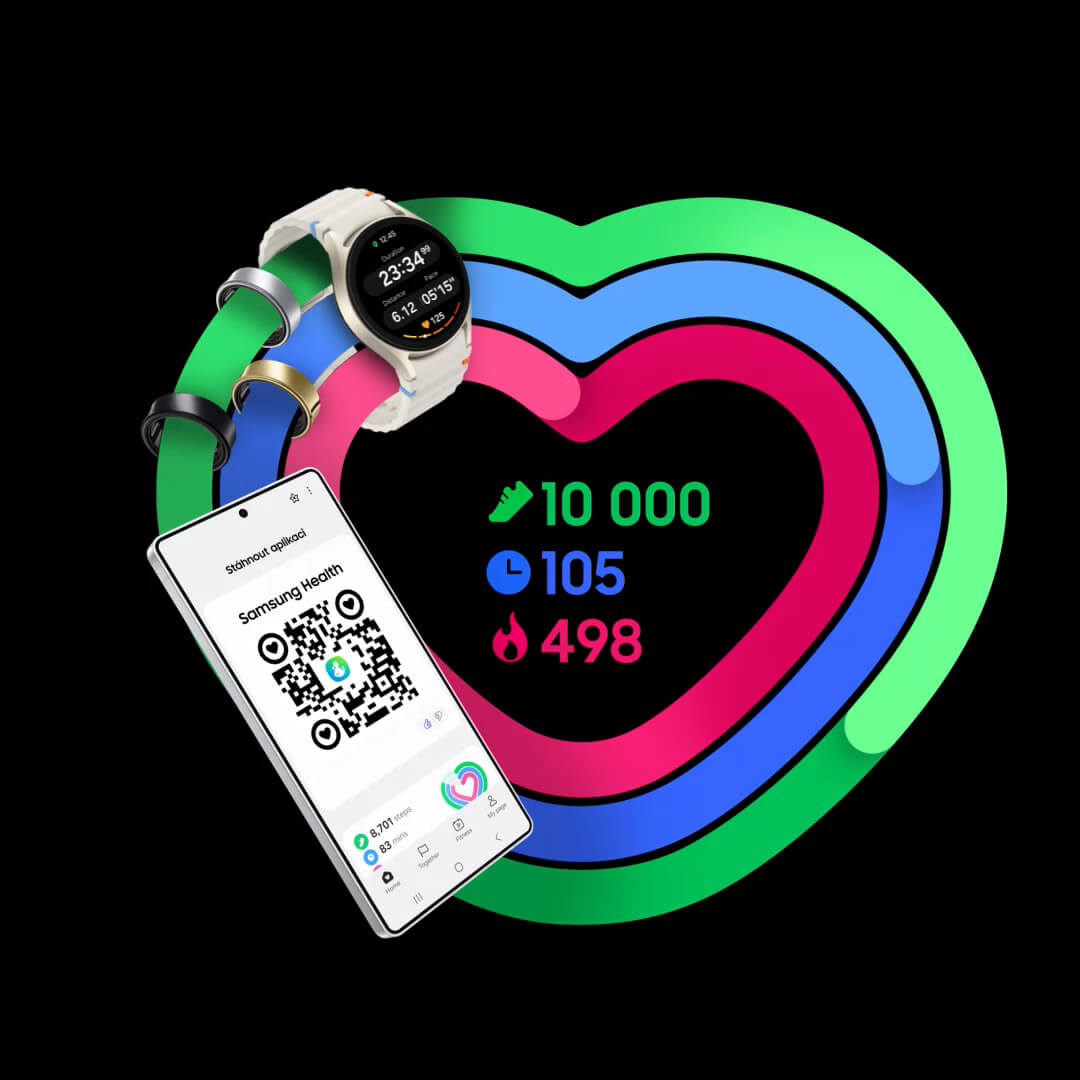 Srdce s telefónom a QR kódom na prevzatie aplikácie Samsung Health